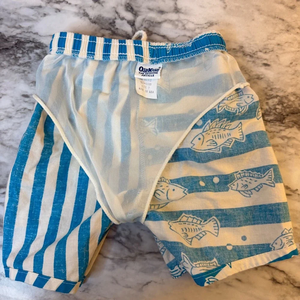 Vintage OshKosh Bgosh Kids Size 7 Blue White Striped Fish Swim Trunks USA Made